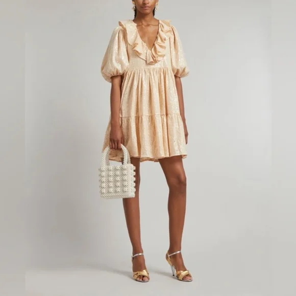 NWT Stine Goya Imperio Peach Sequin Ruffle Puff Sleeve Mini Dress XS - Picture 2 of 8